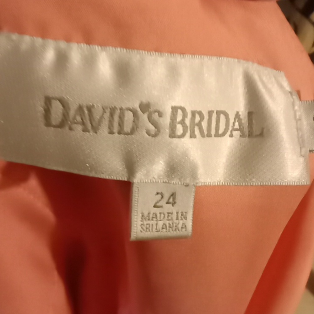 DAVID'S BRIDAL 24 W coral shiffon polyester summer sleeveless bridesmaid dress.